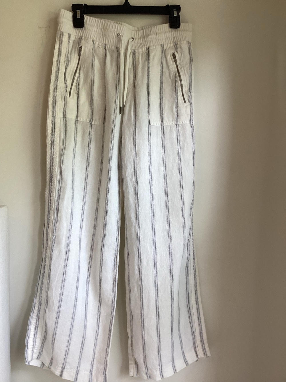 Athleta Cabo Tide Linen Pants Womens 6 White Gray Stripe Drawstring